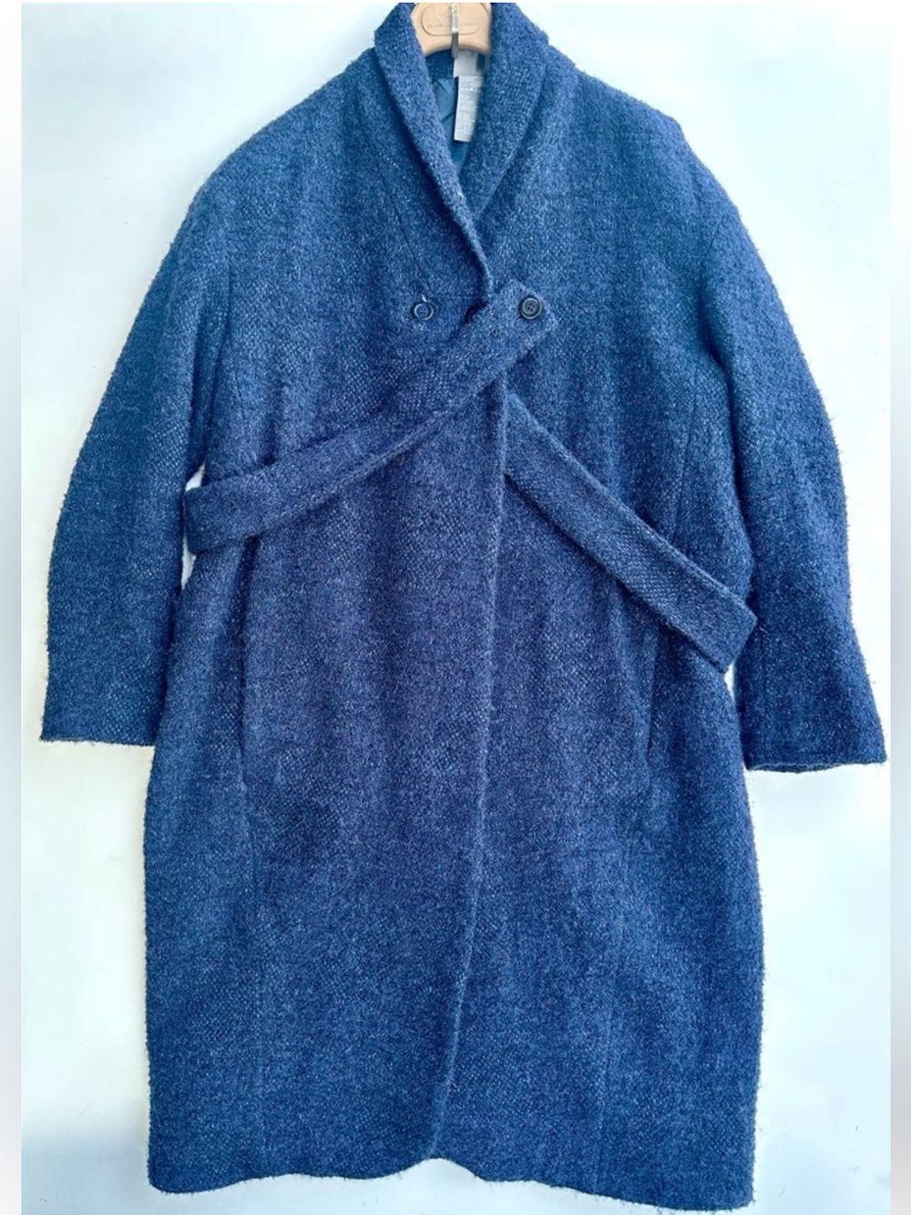 LILITH Boucle Women's Navy Blue Linen Alpaca Mohair Wool Coat Crisscross Belt XS